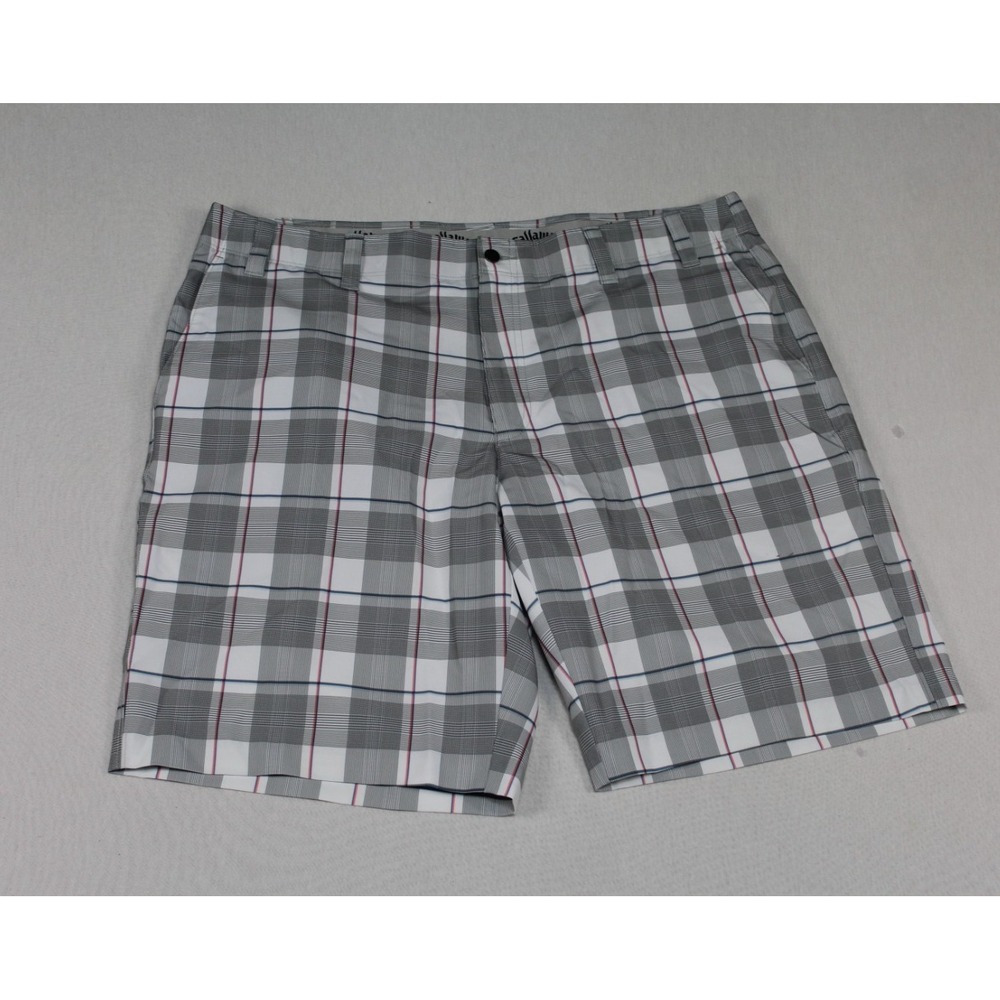 Callaway Men Gray Chino Shorts Plaid Casual Elastic Waist Size 40
